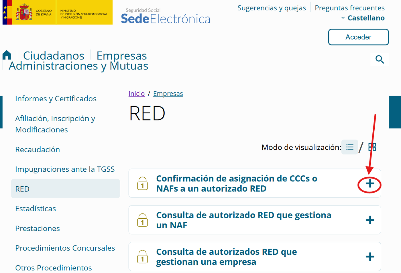 Шаг 2: пункт Confirmación de asignación в списке услуг RED